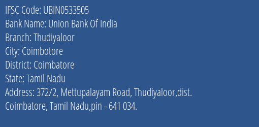Union Bank Of India Thudiyaloor Branch, Branch Code 533505 & IFSC Code UBIN0533505