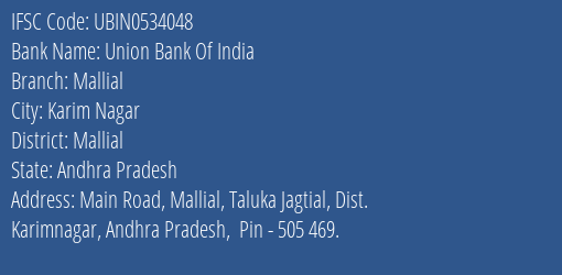 Union Bank Of India Mallial Branch Mallial IFSC Code UBIN0534048