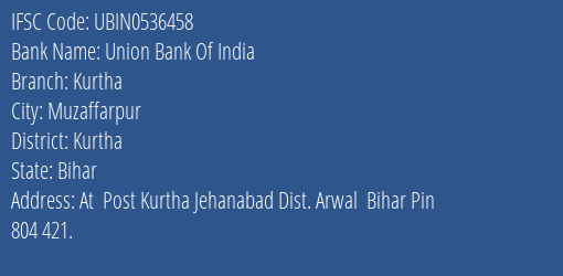 Union Bank Of India Kurtha Branch Kurtha IFSC Code UBIN0536458