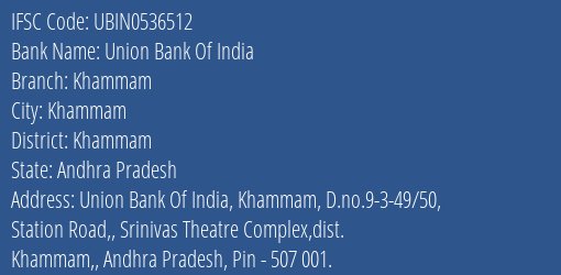 Union Bank Of India Khammam Branch, Branch Code 536512 & IFSC Code UBIN0536512