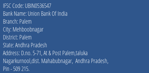 Union Bank Of India Palem Branch Palem IFSC Code UBIN0536547