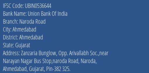 Union Bank Of India Naroda Road Branch, Branch Code 536644 & IFSC Code UBIN0536644
