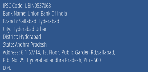 Union Bank Of India Saifabad Hyderabad Branch Hyderabad IFSC Code UBIN0537063