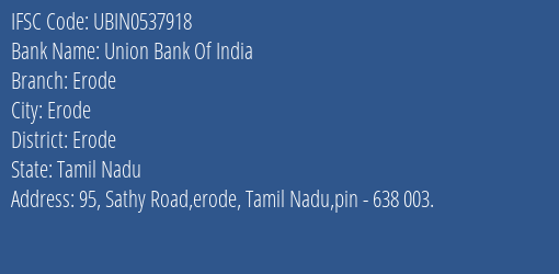 Union Bank Of India Erode Branch, Branch Code 537918 & IFSC Code UBIN0537918