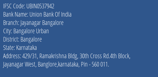 Union Bank Of India Jayanagar Bangalore Branch, Branch Code 537942 & IFSC Code UBIN0537942