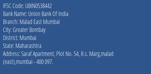 Union Bank Of India Malad East Mumbai Branch, Branch Code 538442 & IFSC Code Ubin0538442