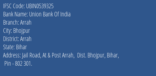 Union Bank Of India Arrah Branch Arrah IFSC Code UBIN0539325