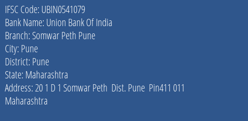 Union Bank Of India Somwar Peth Pune Branch, Branch Code 541079 & IFSC Code UBIN0541079