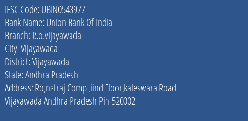 Union Bank Of India R.o.vijayawada Branch, Branch Code 543977 & IFSC Code Ubin0543977