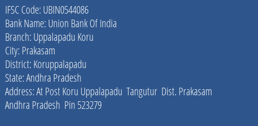 Union Bank Of India Uppalapadu Koru Branch Koruppalapadu IFSC Code UBIN0544086