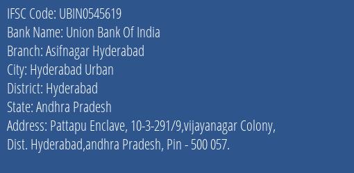Union Bank Of India Asifnagar Hyderabad Branch Hyderabad IFSC Code UBIN0545619