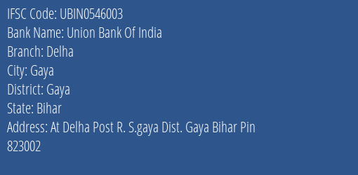 Union Bank Of India Delha Branch, Branch Code 546003 & IFSC Code Ubin0546003