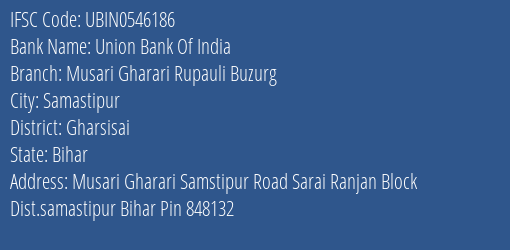 Union Bank Of India Musari Gharari Rupauli Buzurg Branch Gharsisai IFSC Code UBIN0546186