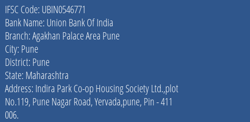 Union Bank Of India Agakhan Palace Area Pune Branch, Branch Code 546771 & IFSC Code UBIN0546771