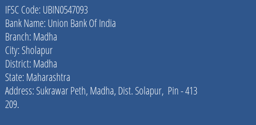 Union Bank Of India Madha Branch, Branch Code 547093 & IFSC Code Ubin0547093