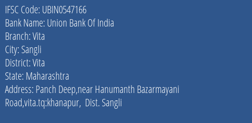 Union Bank Of India Vita Branch Vita IFSC Code UBIN0547166