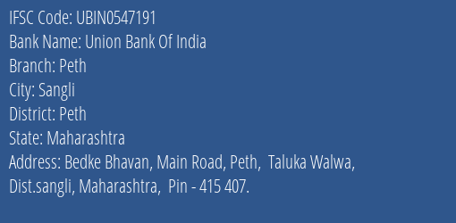 Union Bank Of India Peth Branch Peth IFSC Code UBIN0547191