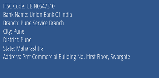 Union Bank Of India Pune Service Branch Branch, Branch Code 547310 & IFSC Code UBIN0547310