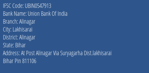 Union Bank Of India Alinagar Branch Alinagar IFSC Code UBIN0547913