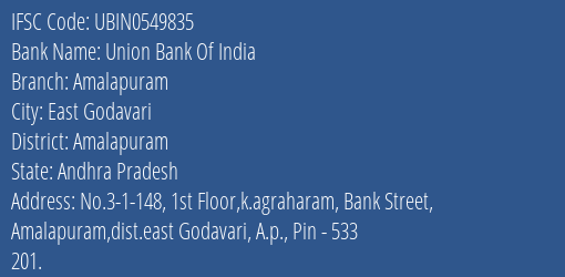 Union Bank Of India Amalapuram Branch, Branch Code 549835 & IFSC Code UBIN0549835