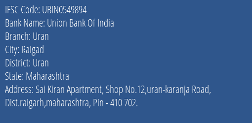 Union Bank Of India Uran Branch Uran IFSC Code UBIN0549894