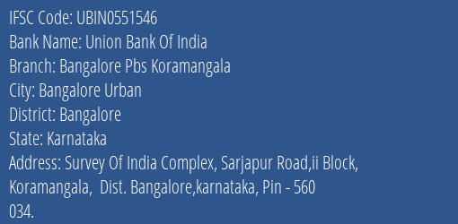 Union Bank Of India Bangalore Pbs Koramangala Branch IFSC Code
