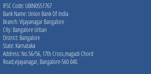 Union Bank Of India Vijayanagar Bangalore Branch IFSC Code