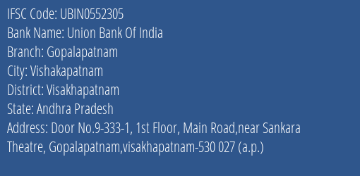 Union Bank Of India Gopalapatnam Branch Visakhapatnam IFSC Code UBIN0552305
