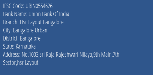 Union Bank Of India Hsr Layout Bangalore Branch IFSC Code
