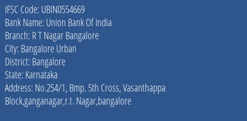 Union Bank Of India R T Nagar Bangalore Branch IFSC Code