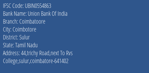 Union Bank Of India Coimbatoore Branch Sulur IFSC Code UBIN0554863