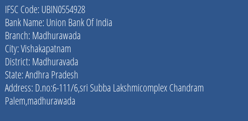 Union Bank Of India Madhurawada Branch Madhuravada IFSC Code UBIN0554928