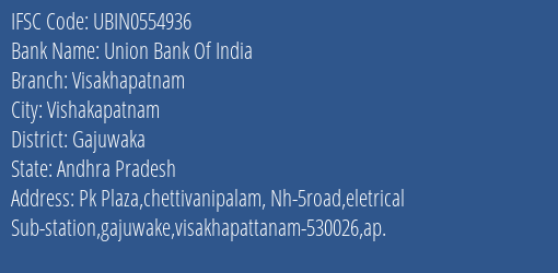Union Bank Of India Visakhapatnam Branch Gajuwaka IFSC Code UBIN0554936