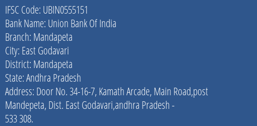 Union Bank Of India Mandapeta Branch Mandapeta IFSC Code UBIN0555151