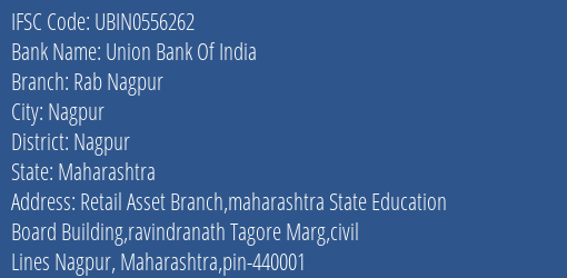 Union Bank Of India Rab Nagpur Branch Nagpur IFSC Code UBIN0556262