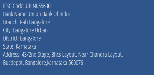 Union Bank Of India Rab Bangalore Branch IFSC Code