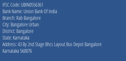 Union Bank Of India Rab Bangalore Branch IFSC Code