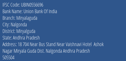 Union Bank Of India Miryalaguda Branch, Branch Code 556696 & IFSC Code Ubin0556696
