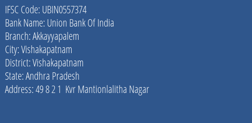 Union Bank Of India Akkayyapalem Branch, Branch Code 557374 & IFSC Code UBIN0557374