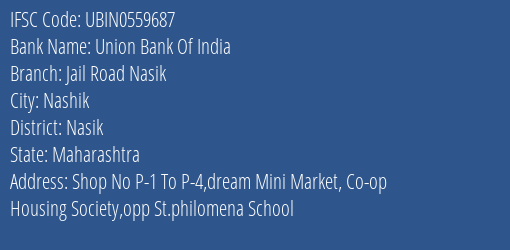 Union Bank Of India Jail Road Nasik Branch Nasik IFSC Code UBIN0559687