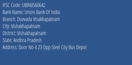Union Bank Of India Duvvada Visakhapatnam Branch Vishakhapatnam IFSC Code UBIN0560642