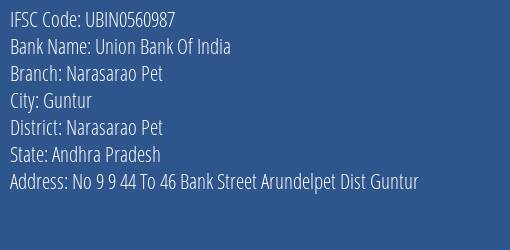 Union Bank Of India Narasarao Pet Branch Narasarao Pet IFSC Code UBIN0560987