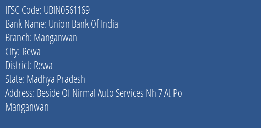 Union Bank Of India Manganwan Branch, Branch Code 561169 & IFSC Code Ubin0561169