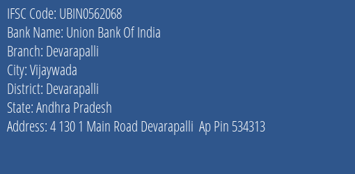 Union Bank Of India Devarapalli Branch, Branch Code 562068 & IFSC Code UBIN0562068