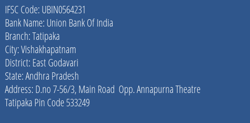 Union Bank Of India Tatipaka Branch, Branch Code 564231 & IFSC Code Ubin0564231
