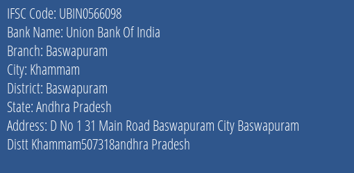 Union Bank Of India Baswapuram Branch Baswapuram IFSC Code UBIN0566098