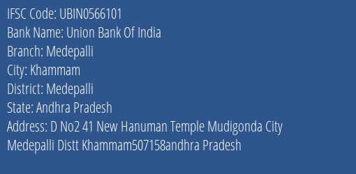 Union Bank Of India Medepalli Branch Medepalli IFSC Code UBIN0566101