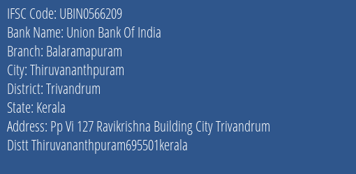 Union Bank Of India Balaramapuram Branch Trivandrum IFSC Code UBIN0566209