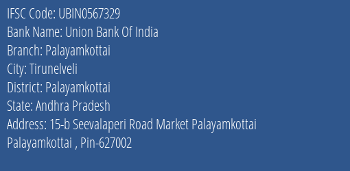 Union Bank Of India Palayamkottai Branch Palayamkottai IFSC Code UBIN0567329