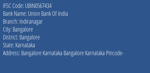 Union Bank Of India Indiranagar Branch, Branch Code 567434 & IFSC Code UBIN0567434